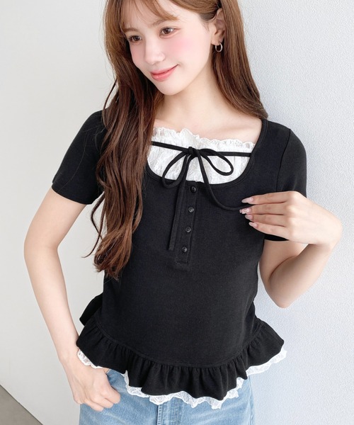 moment+ tシャツ レースレイヤード風リボンフリルトップス レディース