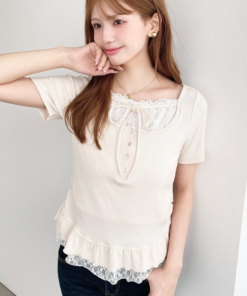 moment+ tシャツ 半袖 レースレイヤード風リボンフリルトップス