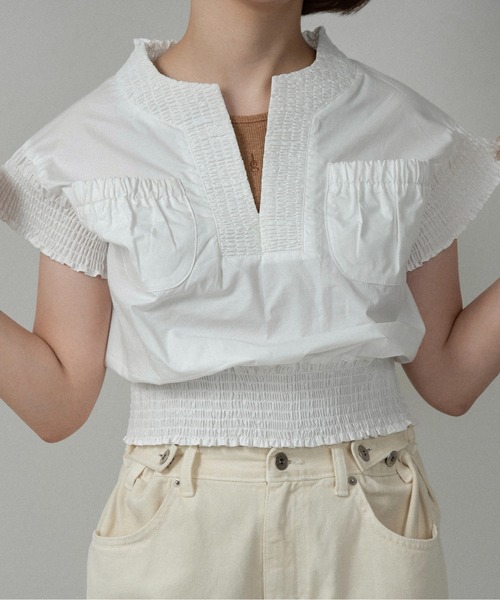 lawgy（ラウジー） ブラウス シャツ 半袖 shirring pocket point vest