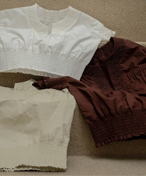 lawgy（ラウジー） ブラウス シャツ 半袖 shirring pocket point vest