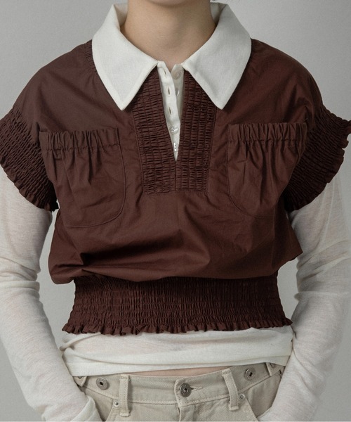 lawgy（ラウジー） ブラウス シャツ 半袖 shirring pocket point vest