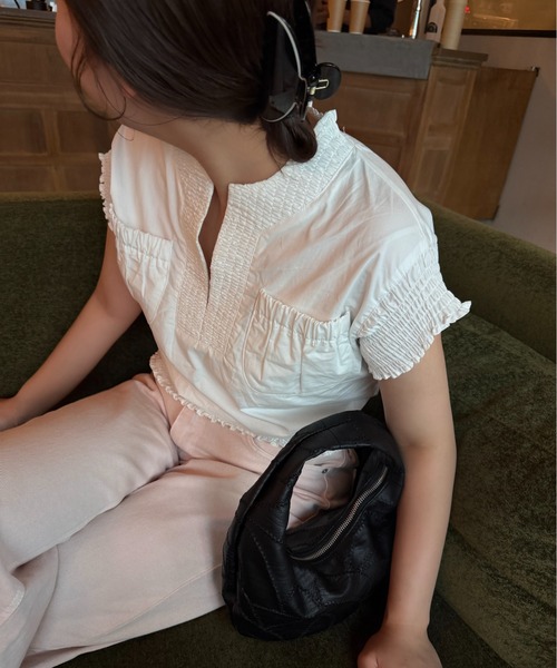 lawgy（ラウジー） ブラウス シャツ 半袖 shirring pocket point vest
