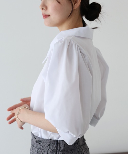BLUEEAST ブラウス シャツ パフスリーブストライプシャツ