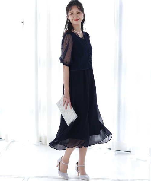 PourVous ドレス ミモレ丈＆袖ありフォーマルボレロお呼ばれ結婚