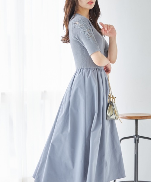 tocco closetフラワー刺繍スリーブリブニットタフタドッキングワンピース 楽天市場】フラワー刺繍スリーブリブニット×タフタドッキング