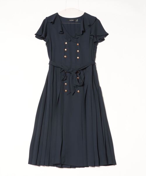 【POLO RALPH LAUREN】ジョーゼット ブラック タイネック ドレス LAUREN RALPH ワンピース フリルトリム プリーテッド ジョー