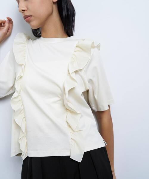 tシャツ アシンメタフタフリルコンビカットソー レディース