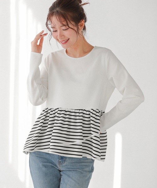 Fit more tシャツ アシンメトリーフリルペプラムボーダー