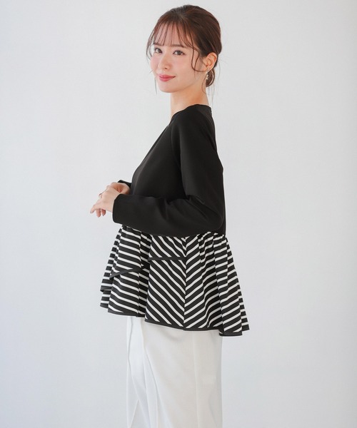 tシャツ アシンメトリーボーダーフリルTシャツ レディース セール】アシンメトリーボーダーフリルTシャツ（Tシャツ