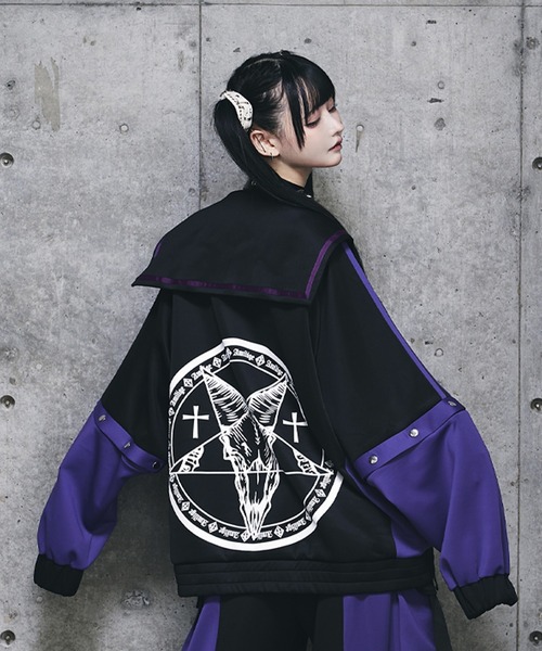 Amilige ジャージ SatanバックプリントセーラーZIPジャージTOPS