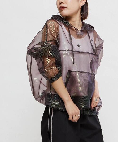 ブラウス シャツ GLITTER SHEER STRIPE ANORAK HOODIE レディース