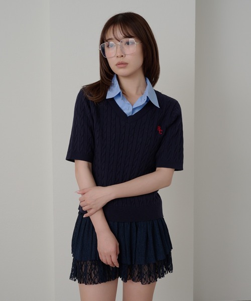 ◆LOVELESS◆着脱可ボウタイ 半袖ニット Vネック 36　474E ◇LOVELESS◇着脱可ボウタイ 半袖ニット Vネック 36 474E