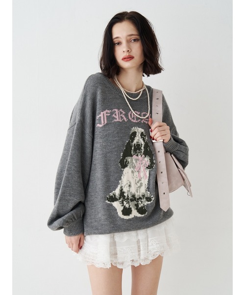 完売品 jouetie DOGジャガードルーズニット グレー ジュエティ 犬 DOGジャガードルーズニット（ニット/セーター）｜jouetie（ジュエティ