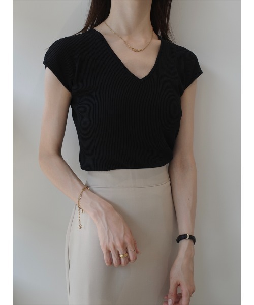アドーア ADORE 23AW フィルムラメニットトップス セーター 半袖 フレンチスリーブ 38 黒 ブラック /ES ■OS レディース 中古】アドーア 23AW フィルムラメニットトップス セーター 半袖