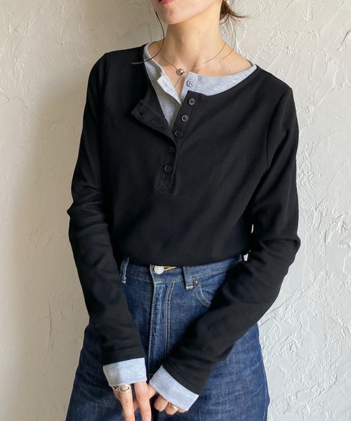 She's Closet tシャツ 長袖配色レイヤードヘンリーネックリブトップス