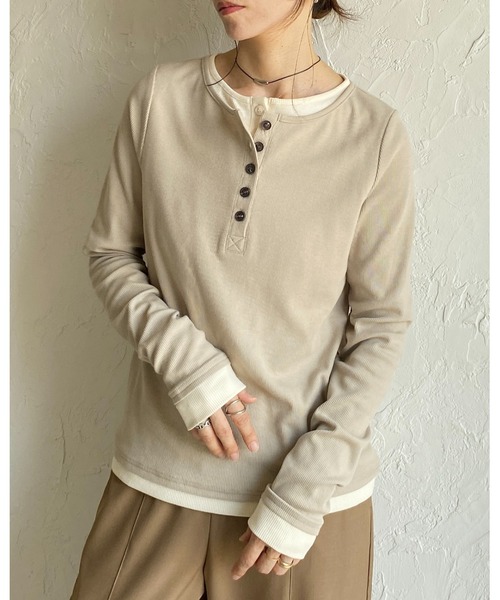 She's Closet tシャツ 長袖配色レイヤードヘンリーネックリブトップス