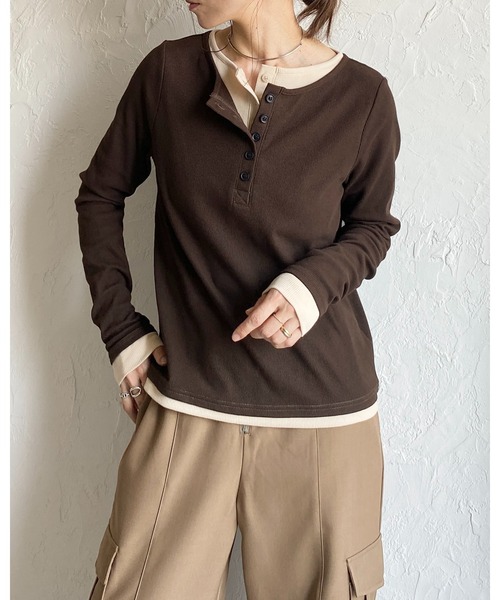 She's Closet tシャツ 長袖配色レイヤードヘンリーネックリブトップス