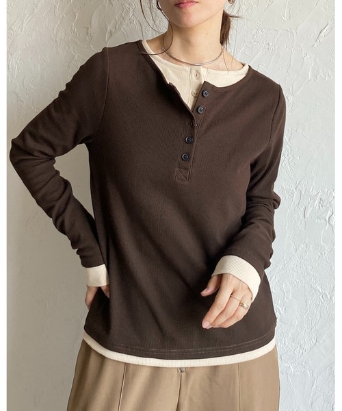 She's Closet ヘンリーネック tシャツ 長袖配色レイヤードヘンリー