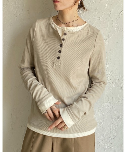 She's Closet tシャツ 長袖配色レイヤードヘンリーネックリブトップス