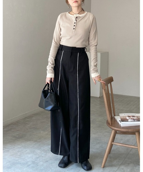 She's Closet tシャツ 長袖配色レイヤードヘンリーネックリブトップス