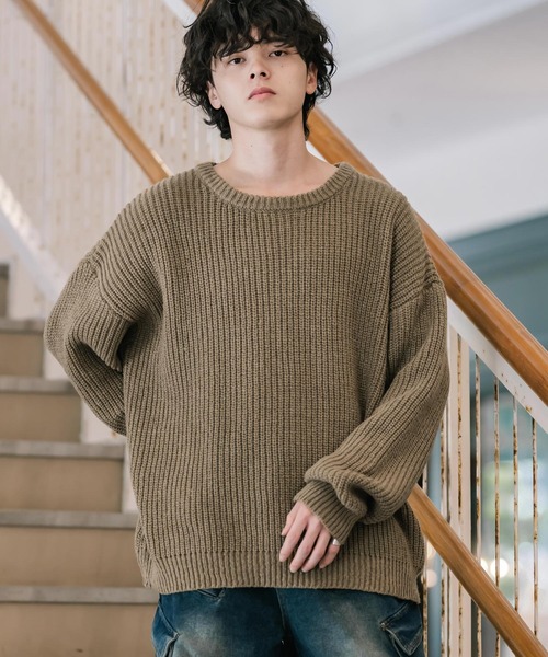 セーター ニット 新色追加 オーバーサイズ畦編みクルーネック長袖ニットセーター メンズ レディース | Rocky Monroe | 06