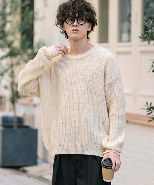 セーター ニット 新色追加 オーバーサイズ畦編みクルーネック長袖ニットセーター メンズ レディース | Rocky Monroe | 26
