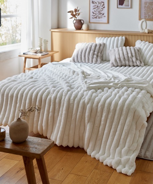 ブランケット モコモコ毛布 ストライプ ラビットファー調│ダブル