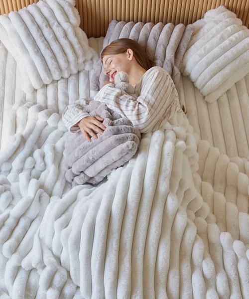 ブランケット モコモコ毛布 ストライプ ラビットファー調│ダブル