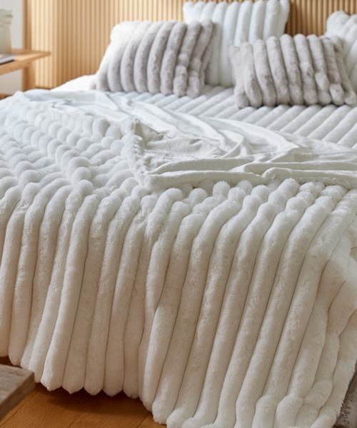 ブランケット モコモコ毛布 ストライプ ラビットファー調│ダブル