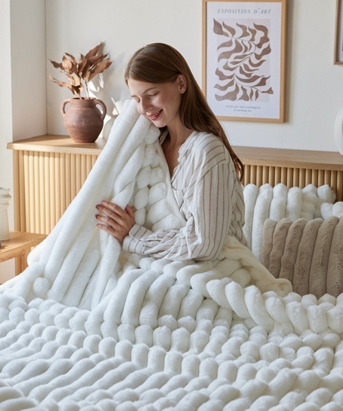 ブランケット モコモコ毛布 ストライプ ラビットファー調│ダブル