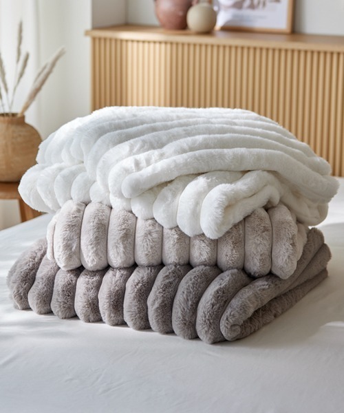 ブランケット モコモコ毛布 ストライプ ラビットファー調│ダブル