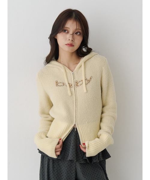 jouetie（ジュエティ） パーカー ビジューロゴジップコンパクトニット