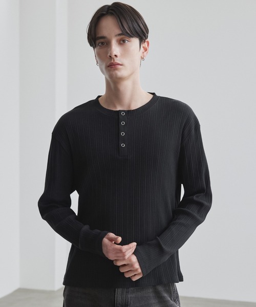 送料無料/超美品　RRL ブラック ヘンリーネック 長袖シャツ（L) LUENNA tシャツ 「LUENNA」Panel Rib Henley Neck Long Sleeve T-Shirt