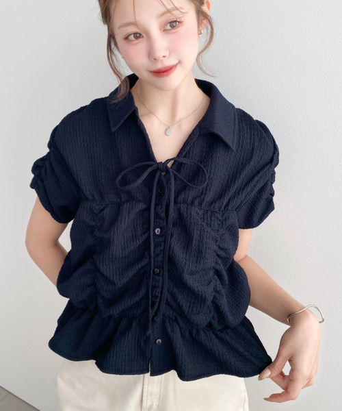 「moment+」 半袖シャツ M ネイビー レディース_画像3