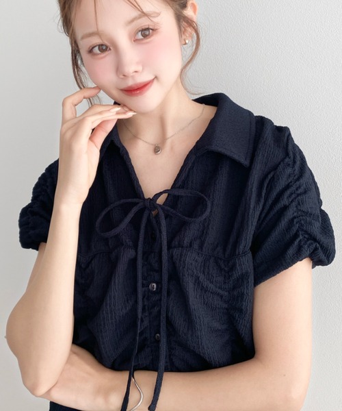 「moment+」 半袖シャツ M ネイビー レディース_画像4