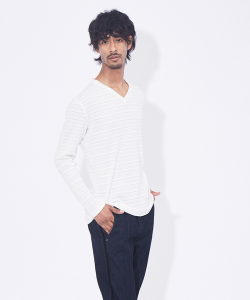 5351 POUR LES HOMMES tシャツ ランダムシャドーリブ 長袖 VネックPO 