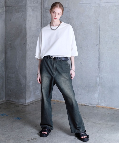 ドロストデニム ワイドパンツ ルーズシルエット 無地 カジュアル SERACE ジーンズ 「SERACE」Loose silhouette vintage denim