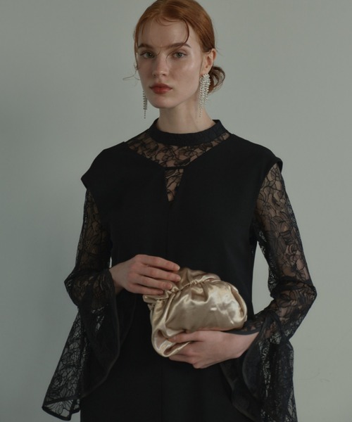 ベルスリーブ ドレス ベロア シアー タイト スリット ANDRESD ドレス bell sleeve slit dress ベルスリーブスリット