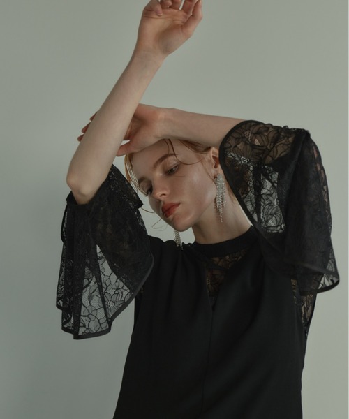 パーティードレス ベルスリーブ スリット ジャガード 透け感 ANDRESD ドレス bell sleeve slit dress ベルスリーブスリット