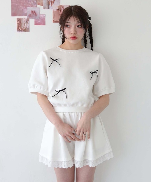 ★日本製 MILK リボン スウェット 半袖 チュニック nomnom トレーナー スウェット 「nomnom」リボン半袖スウェット