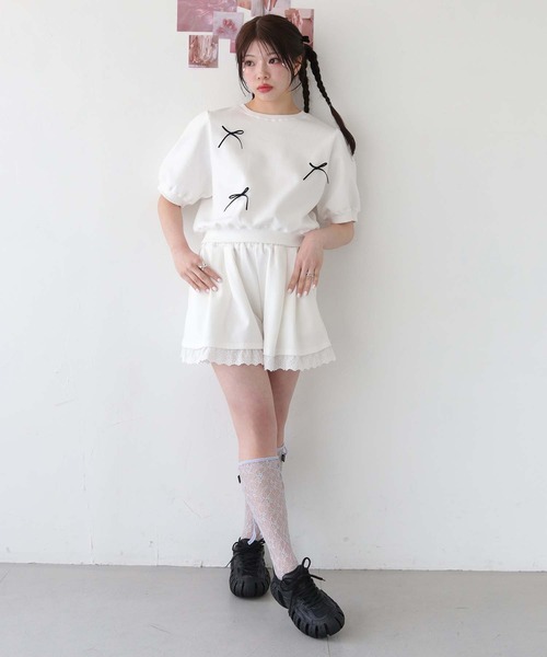 ★日本製 MILK リボン スウェット 半袖 チュニック nomnom トレーナー スウェット 「nomnom」リボン半袖スウェット