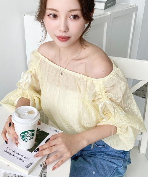 ブラウス シャツ ショルダーリボンシャーリングブラウス / 1215210500 レディース ブラウス シャツ ショルダーシャーリングリボンオフショル