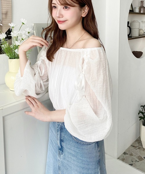 ブラウス シャツ ショルダーシャーリングリボンオフショルブラウス