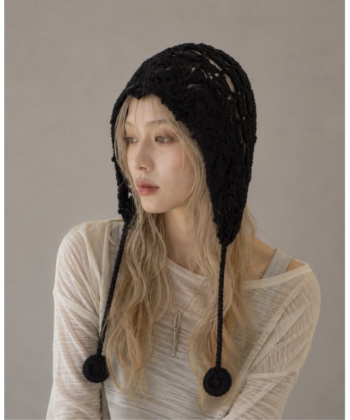 ニット帽 ニットキャップ 「HIKA」カギ編みサイドストラップニットCAP
