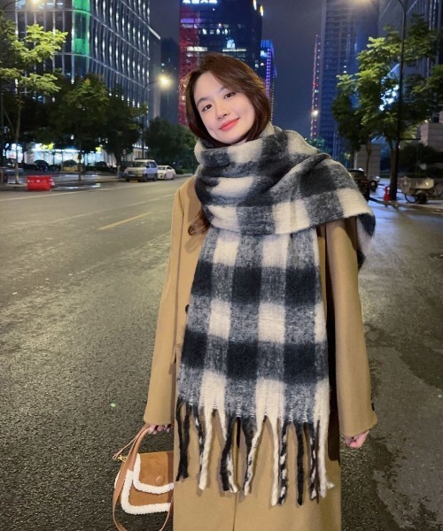 COMON＋（コモンプラス） マフラー ストール ブロックチェック柄大判