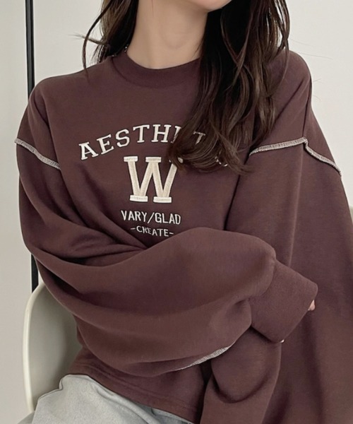 TREOVER トレーナー スウェット 配色ステッチ・刺繍ロゴ 裏起毛BIGプル