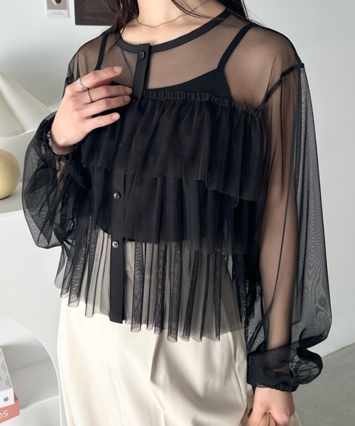 【専用】LUDLOW フリルシースルーブラックシャツ CLEA ブラウス シャツ チュールティアードトップス レディース