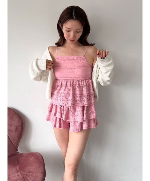 【値下げ中】snidel ボリュームキャミトップス pink SNIDEL HOME パジャマ ルームウェア カットレースキャミソール