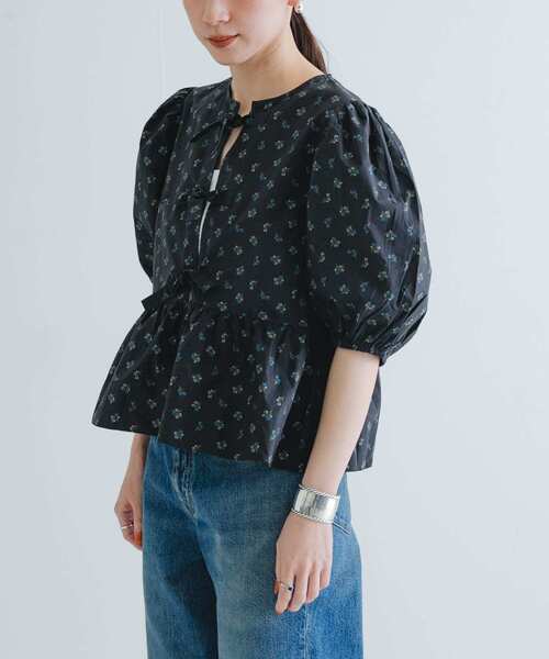 新品タグ付　GANNI　Printed Cotton Peplum Blouse Glacier Lake Floral Printed Cotton Poplin Peplum Blouse