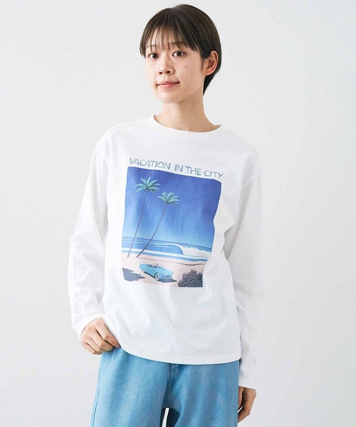 tシャツ ＩＥＤＩＴ　永井博さんコラボ　　ＶＡＣＡＴＩＯＮ　ＩＮ　ＴＨＥ　ＣＩＴＹ　長袖Ｔシャツ「ホワイト」 レディース